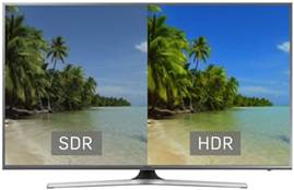 Two screens displaying the difference beween SDR and HDR TV