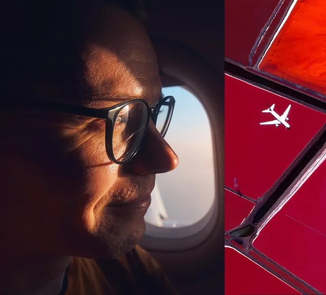 An airplane passenger looks out the window. An aerial view of an airplane.