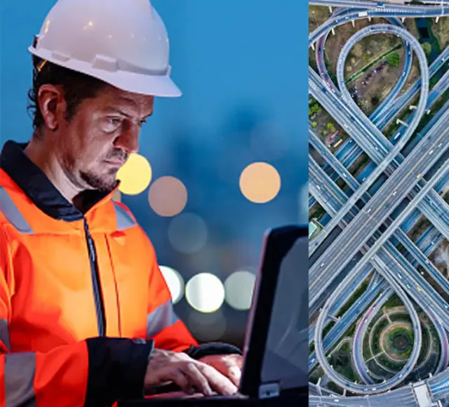 An engineer wearing a hard hat and high-visibility jacket works on a laptop at night, alongside an aerial view of a complex highway interchange