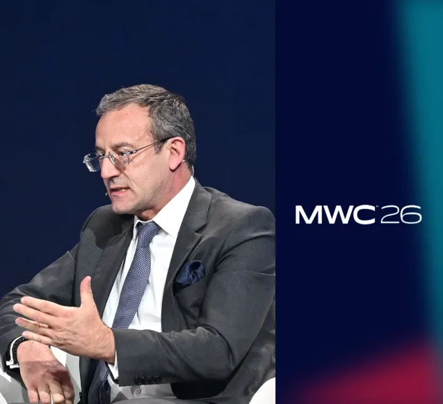 Jean-François Fallacher speaking at MWC 2026 keynote in Barcelona.