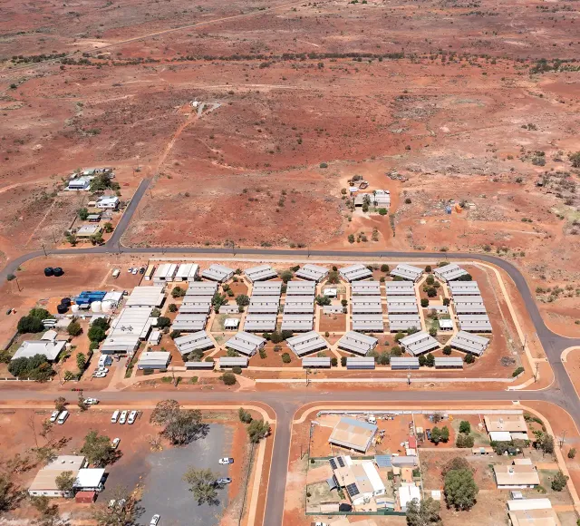 Aerial view Mining Camp and Cue, in Western Australian Outback