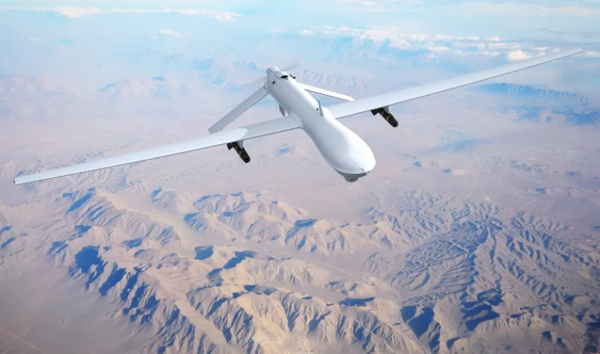 Connectivity for government aviation Military drone flies through the sky