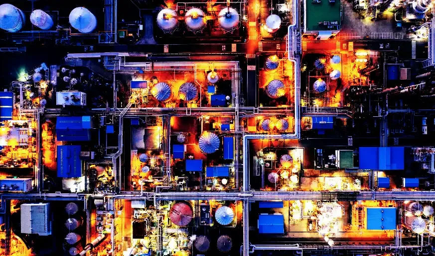 Aerial view of Oil Refinery in Petrochemical Complex at night