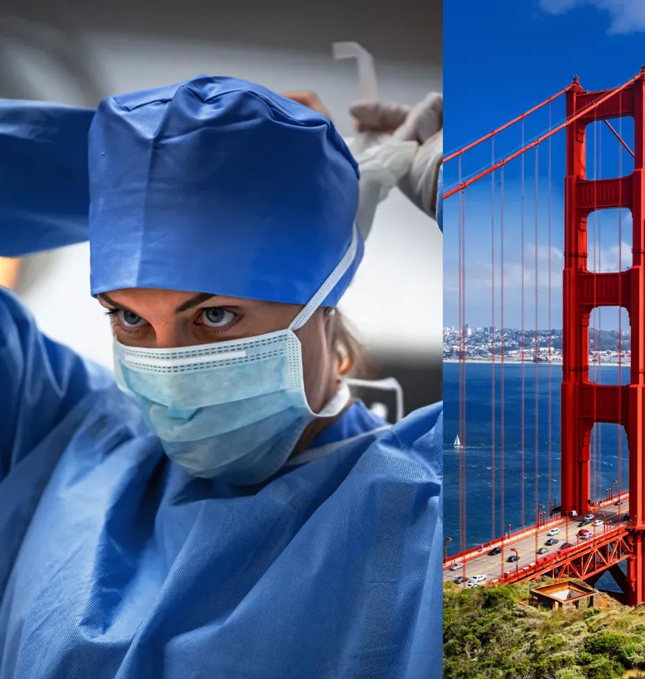 Doctor in scrubs putting on mask for operation in San Francisco General Hospital illustrating continuity of service
