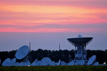 Satellite antenna at sunset at Rambouillet Teleport