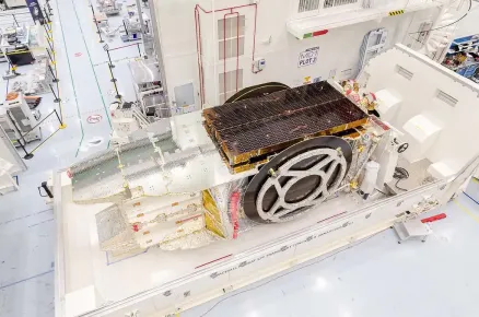 Aerial view of EUTELSAT KONNECT VHTS satellite in preparation for shipment in transport container