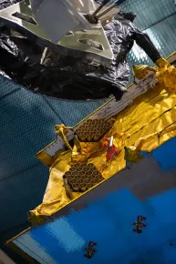 Close up of the EUTELSAT QUANTUM satellite in the compact antenna test range facility at Airbus Defence and Space (Toulouse, France)