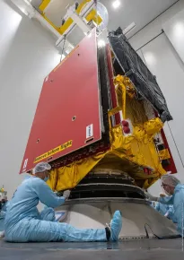 Close up of the integration of EUTELSAT QUANTUM satellite on payload adaptor at S5B hall of the spacesport's state of the art satellite preparation facility (Kourou, French Guiana)