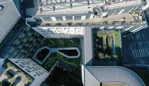 Direct aerial view of the Eutelsat headquarters (Issy-les-Moulineaux, France)
