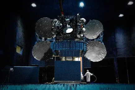 Satélite EUTELSAT 7C en el rango de pruebas de antena compacta en las instalaciones de Maxar Technologies