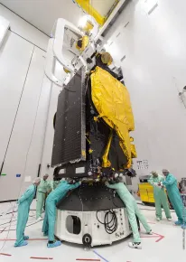 EUTELSAT 8 West B satellite on the payload adaptor for mechanical and electrical fit-check in Kourou S5B