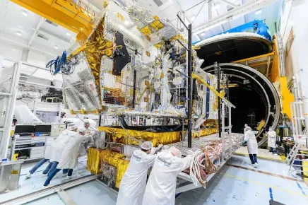 EUTELSAT KONNECT VHTS satellite entering the thermal vacuum chamber at Thales Alenia Space for pre-launch testing