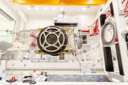 EUTELSAT KONNECT VHTS satellite in preparation for shipment in transport container