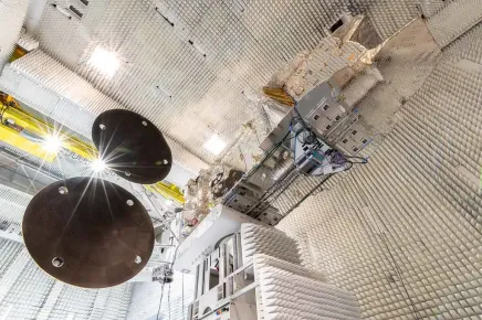 EUTELSAT KONNECT VHTS satellite in the compact antenna test range facility at Thales Alenia Space (Cannes, France)