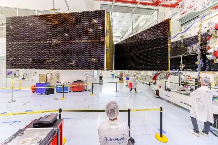 EUTELSAT KONNECT VHTS satellite solar panel being deployed in a test conducted in a cleanroom facility at Thales Alenia Space in Cannes