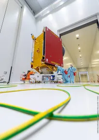 EUTELSAT QUANTUM being prepared for transfer to the S5C hall of the spacesport's state of the art satellite preparation facility (Kourou, French Guiana)