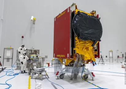 EUTELSAT QUANTUM satellite getting tanked up for launch on Ariane 5 (Kourou, French Guiana)