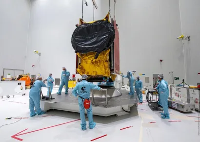 EUTELSAT QUANTUM satellite integration on payload adaptor at S5B hall of the spacesport's state of the art satellite preparation facility (Kourou, French Guiana)