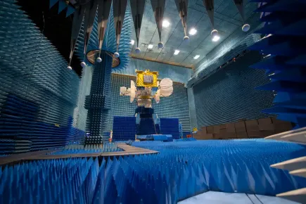 Low angle landscape of the EUTELSAT QUANTUM satellite in the compact antenna test range facility at Airbus Defence and Space (Toulouse, France)