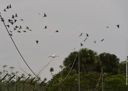 O cargueiro Antonov An-124 aproxima-se do aeroporto Félix Eboué em Caiena para aterragem com a carga útil do satélite EUTELSAT 8 West B a ser colocada em órbita no voo VA225 da Arianespace