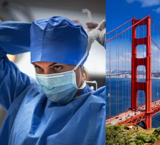 Doctor in scrubs putting on mask for operation in San Francisco General Hospital illustrating continuity of service