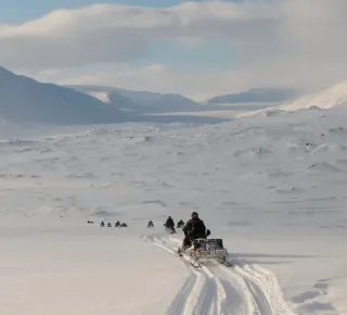 Dog sled traveling across a snowy landscape