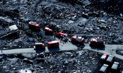 Aerial view of the Japanese Ground Self-Defense Force and disaster relief crews
