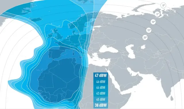 Coverage map of Eutelsat 21B - Ku-band western downlink